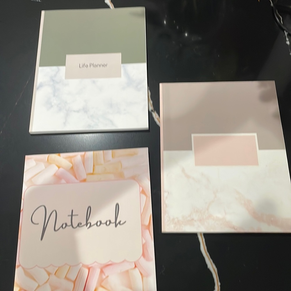 SET: THREE PAPER NOTEBOOKS. 1 life planner, 1 candy notebook, 1 pink marble NH7